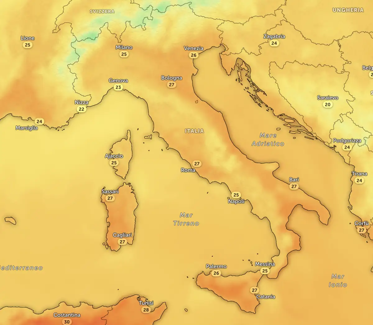 Un giovedì piuttosto mite, mediamente in Italia, con le temperature fresche al nord e sotto i 30°C al sud