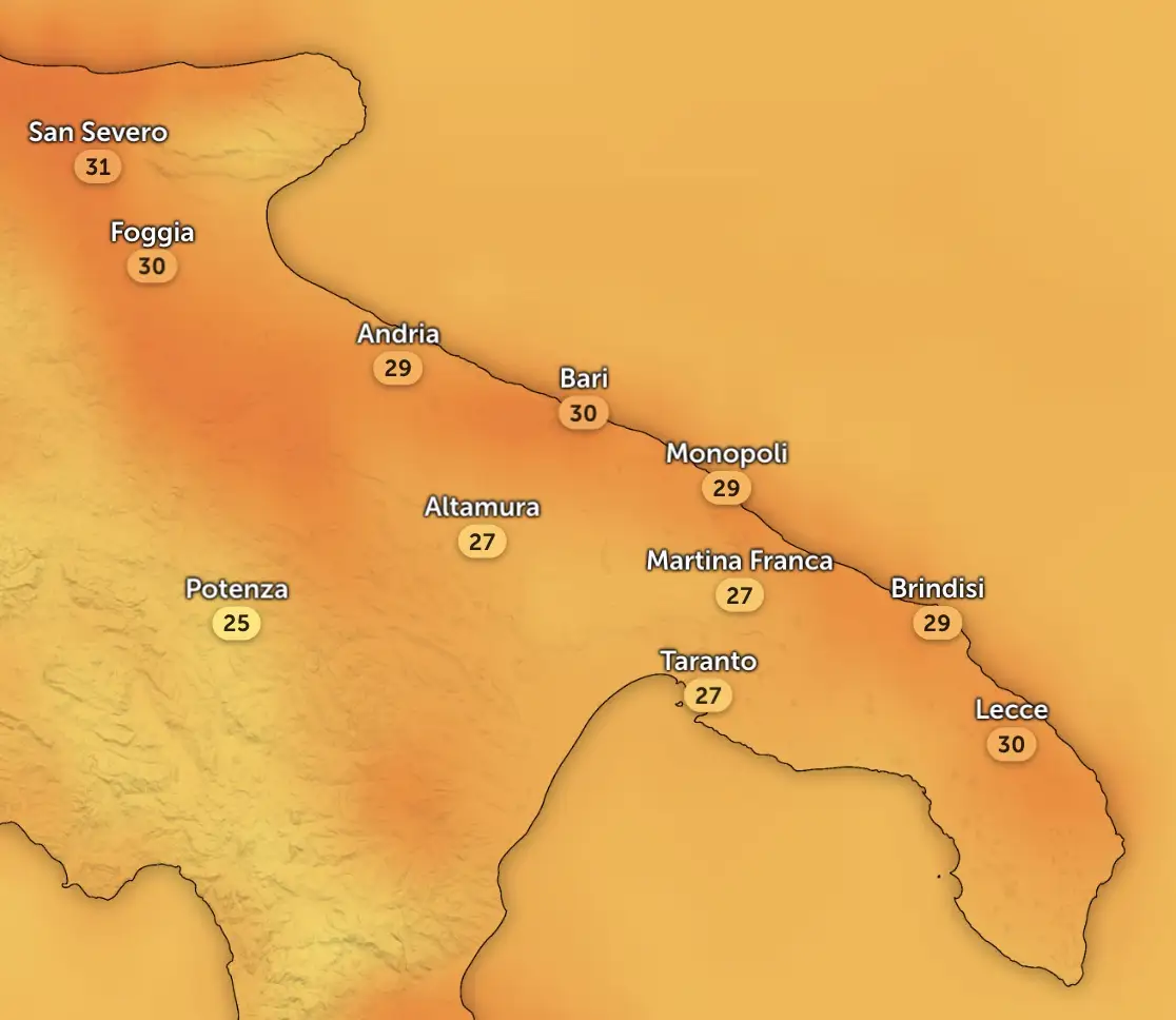 Le temperature a Bari sabato 6 luglio