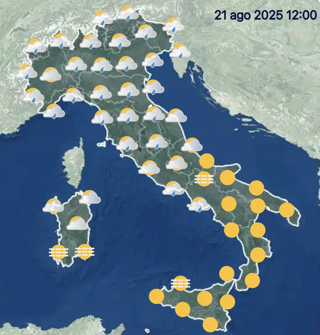 L'Italia spaccata in due nel meteo del 21 agosto 2025