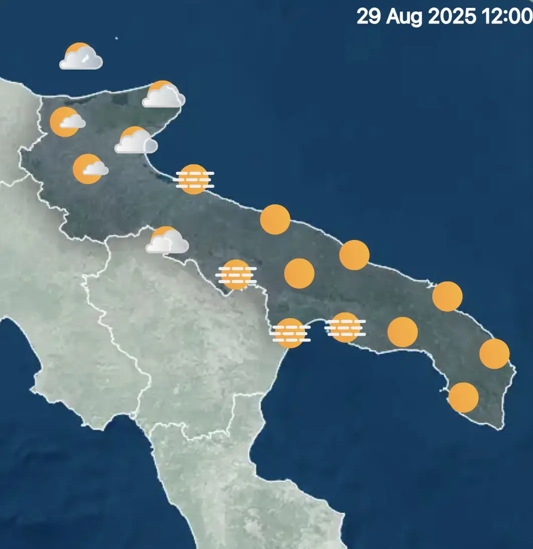 Previsioni meteo per la Puglia dal 29 agosto 2025