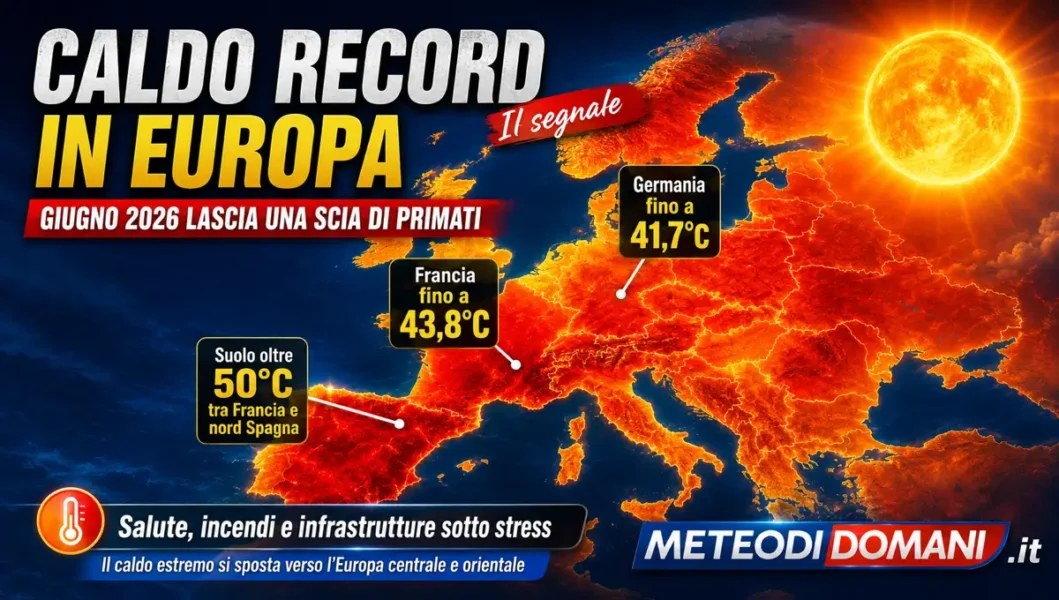 Illustrazione editoriale dell’ondata di caldo record che ha colpito l’Europa a giugno 2026