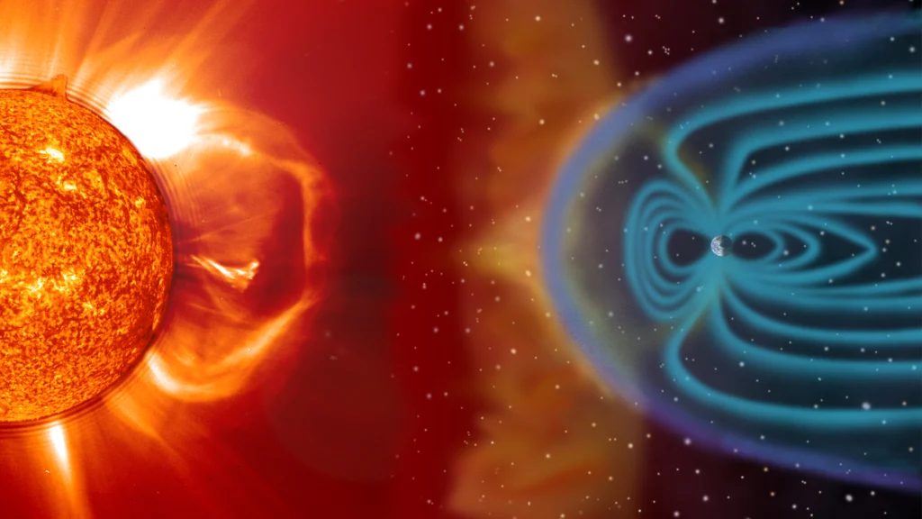 Illustrazione scientifica di una CME che si propaga dal Sole verso la Terra
