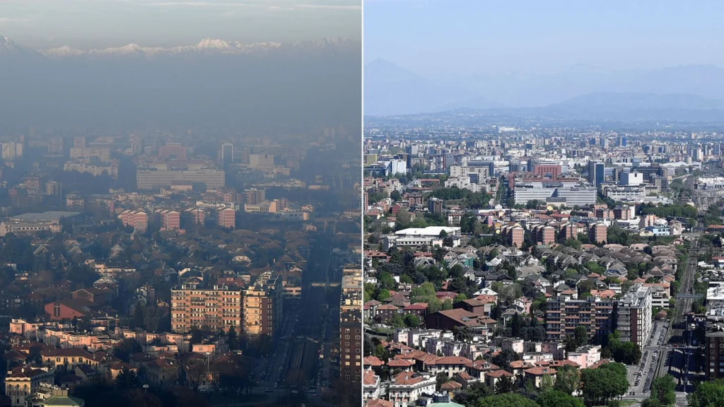 Smog e polveri sottili sopra una grande città italiana durante una giornata di aria stagnante