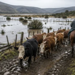 Bovini spostati durante un'alluvione in Cile