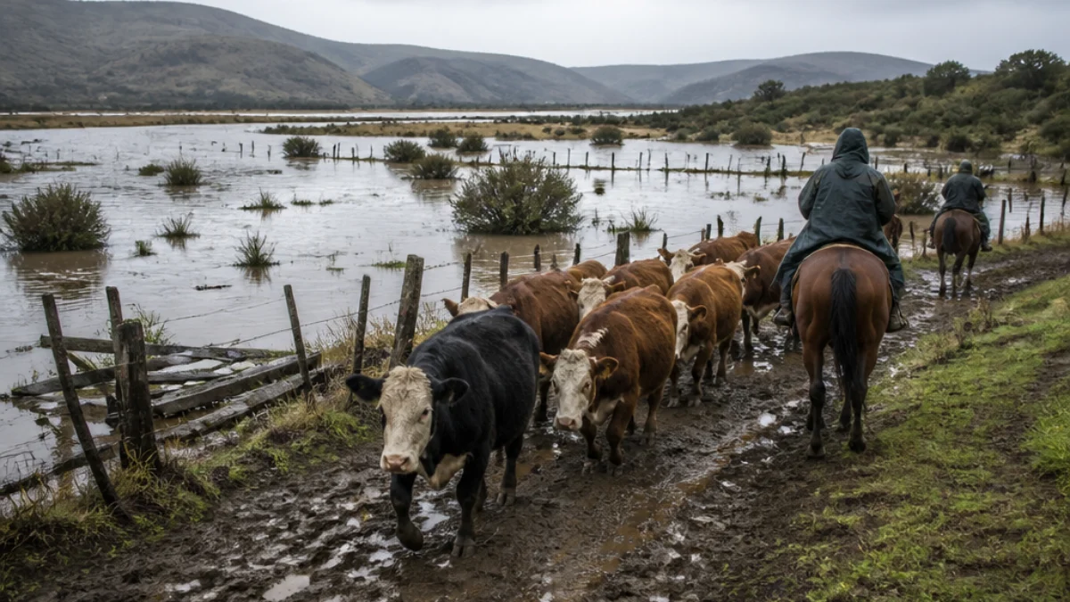 Bovini spostati durante un'alluvione in Cile