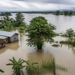Alluvioni in Assam con acque del Brahmaputra vicino alle abitazioni