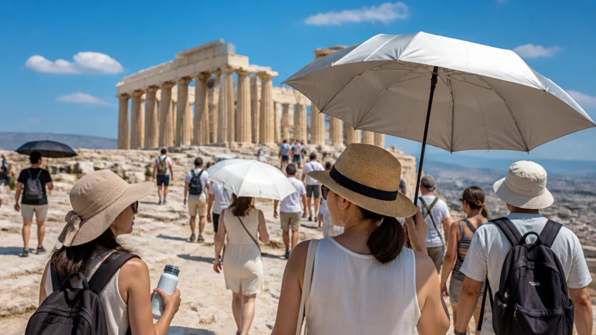 Turisti con ombrelli UV sull'Acropoli di Atene