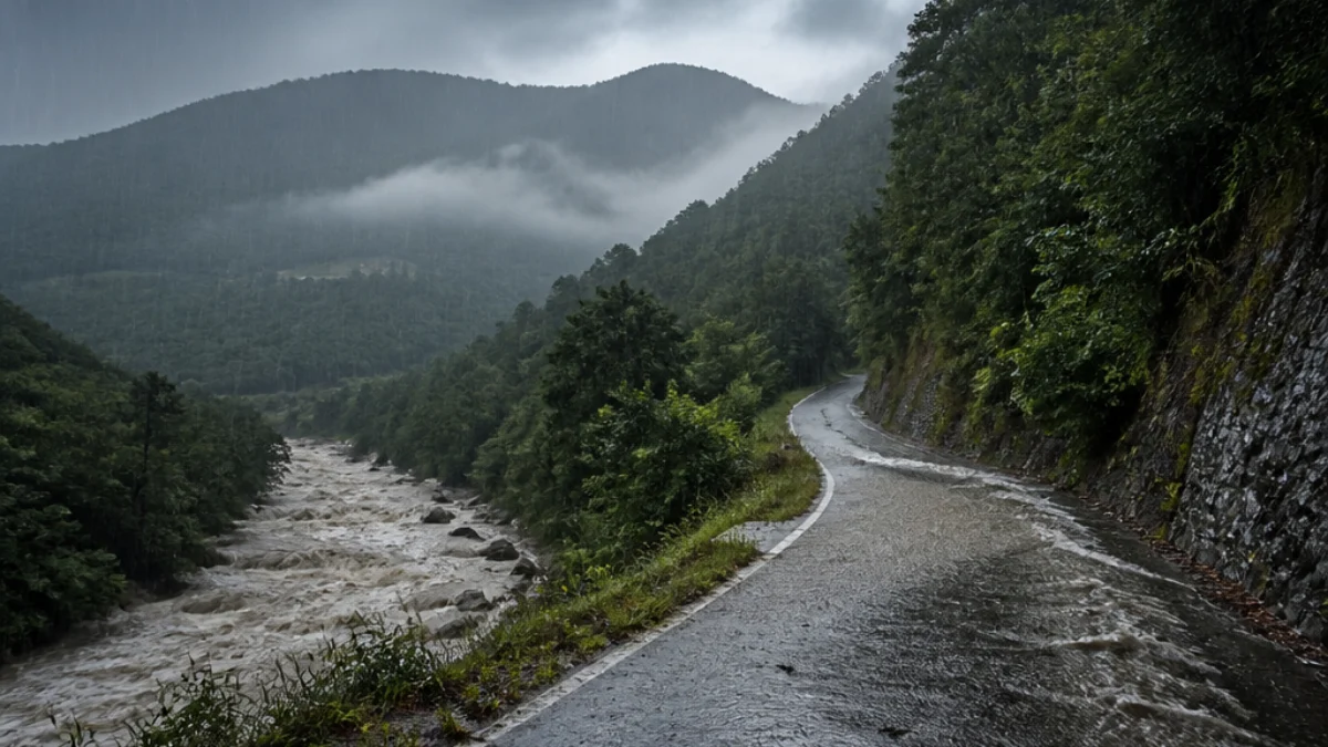 Pioggia intensa su una strada della Lunigiana
