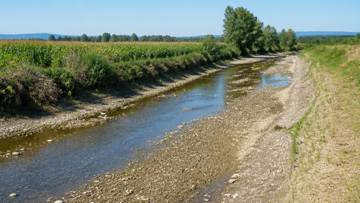 Alveo del fiume Brenta con portata ridotta durante la siccità