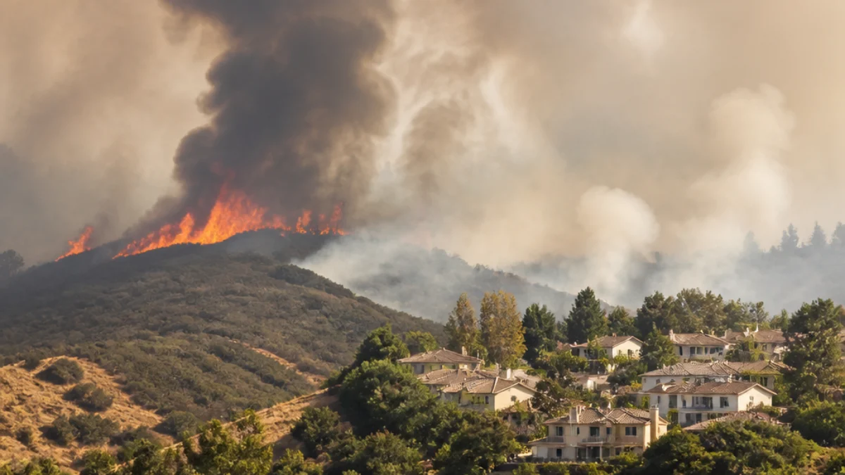 Incendio boschivo vicino a un'area abitata