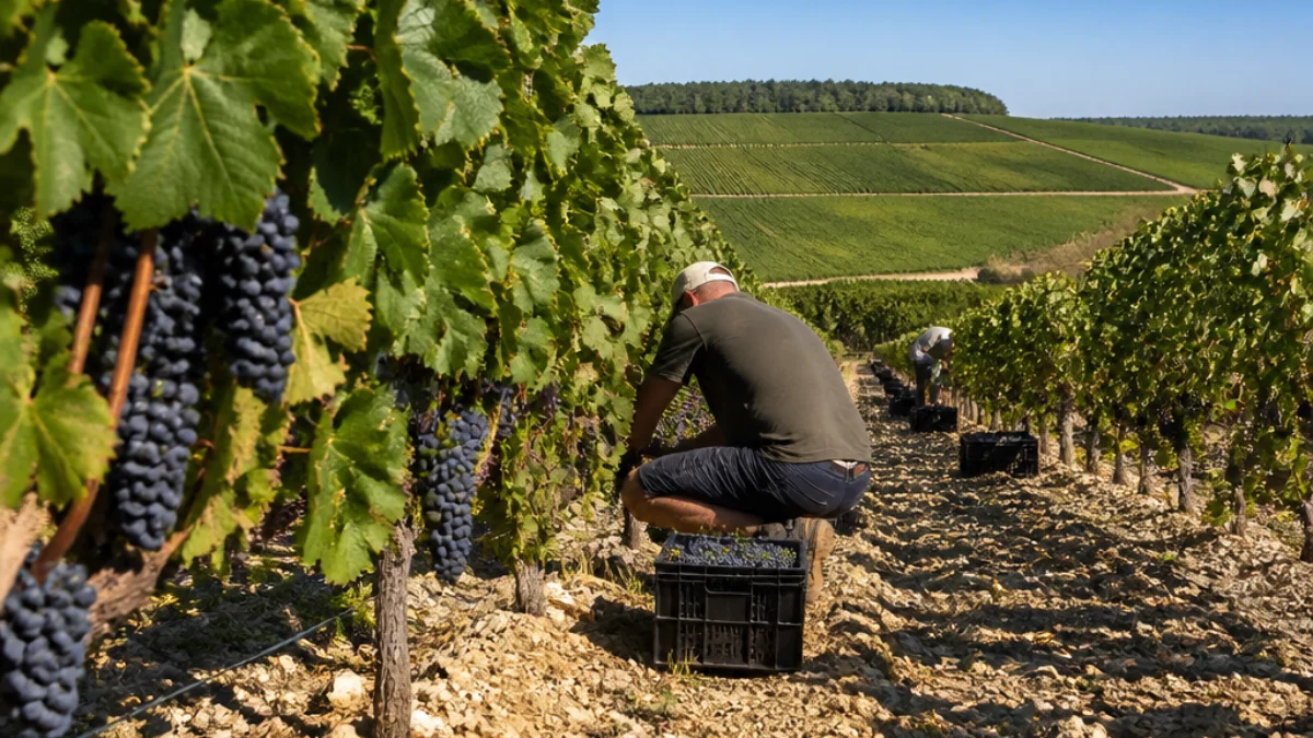 Vigneti della Champagne con uva matura durante la vendemmia anticipata
