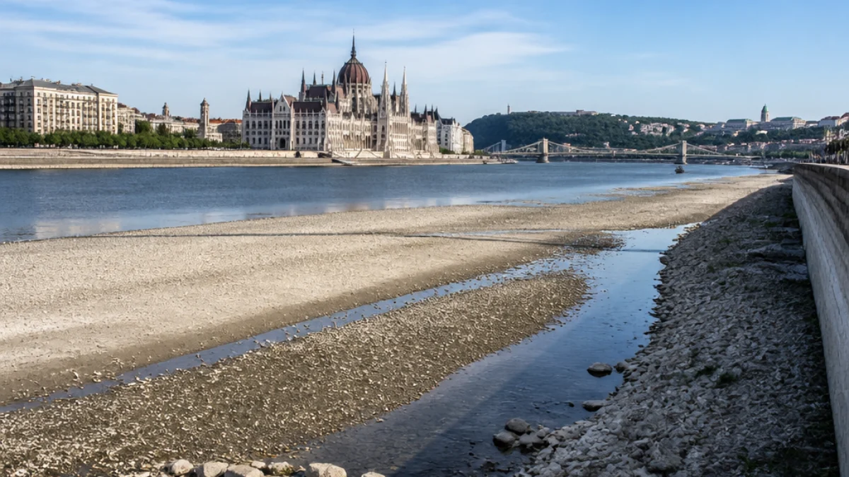 Danubio molto basso nel tratto urbano di Budapest durante una fase di siccità record