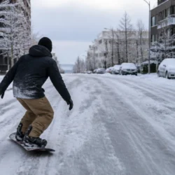 Snowboarder su una strada innevata in Nuova Zelanda durante un'ondata di freddo