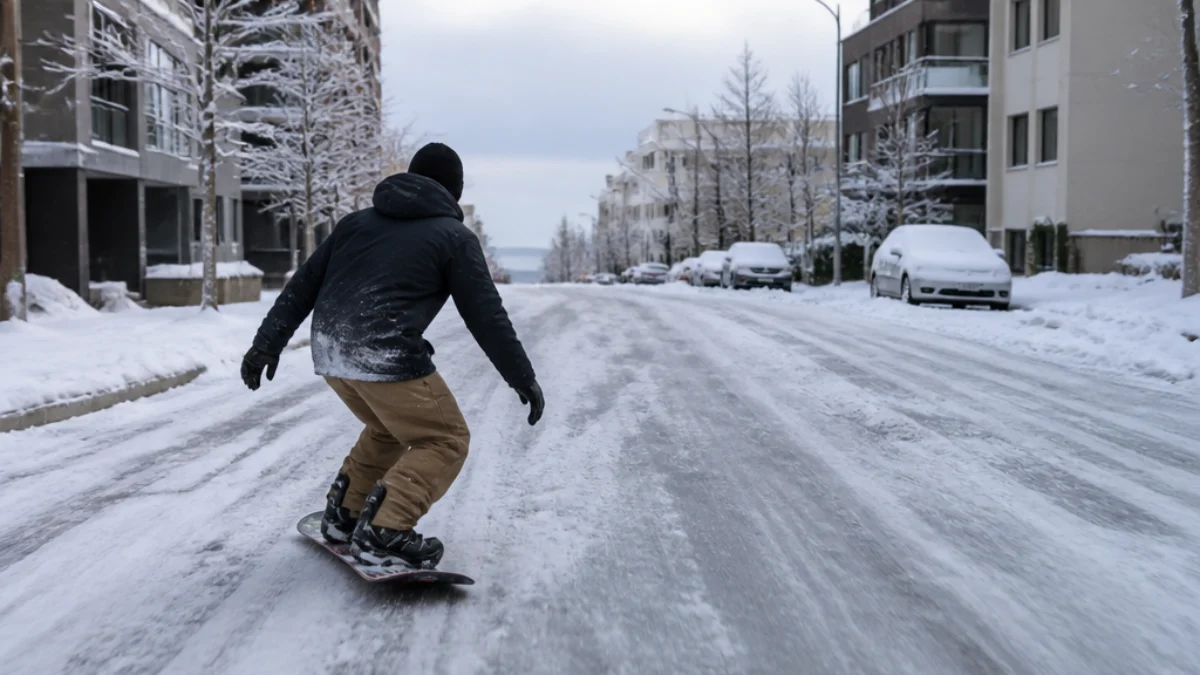 Snowboarder su una strada innevata in Nuova Zelanda durante un'ondata di freddo