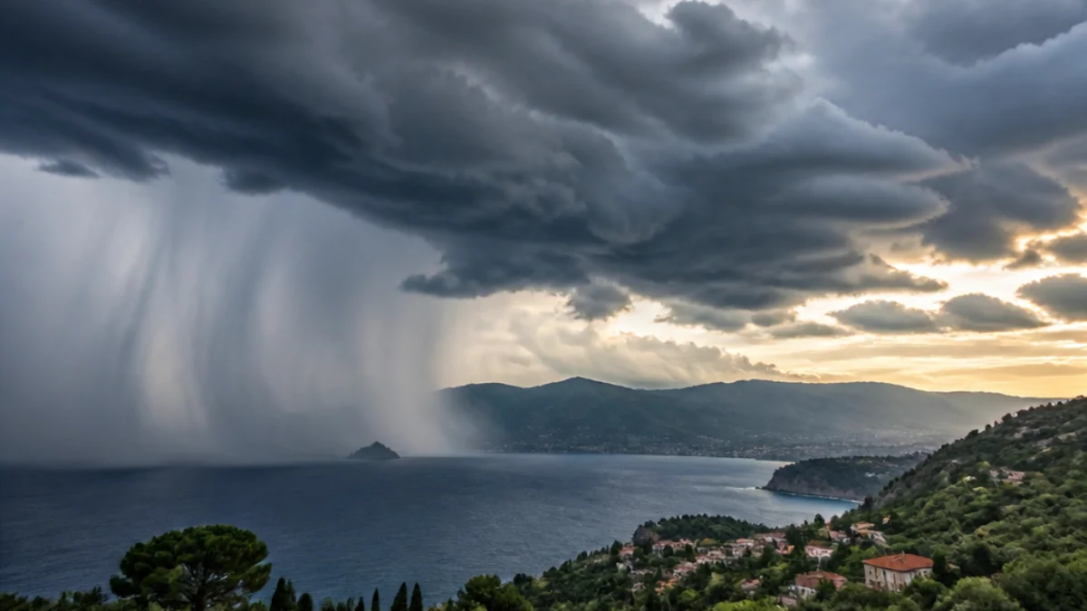 Fronte temporalesco sull’Italia con cielo scuro e pioggia intensa