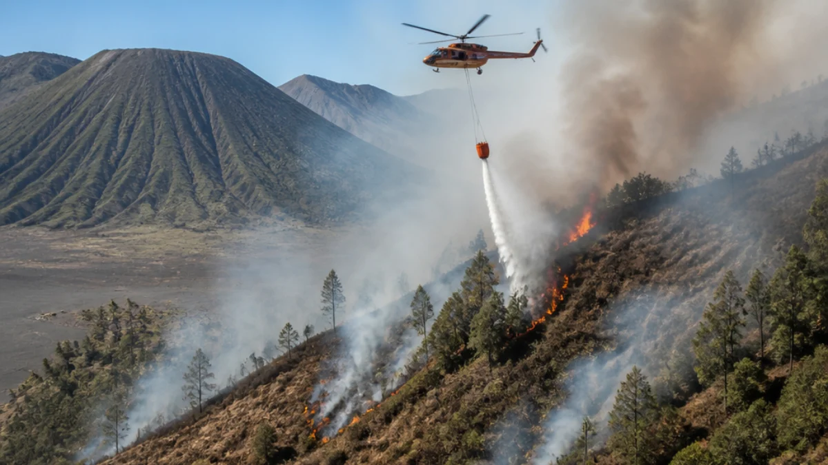 Elicottero impegnato nello spegnimento di un incendio sul Monte Bromo