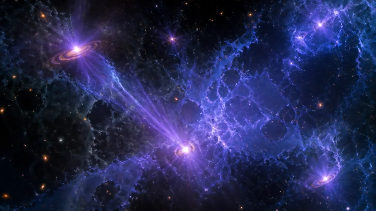 Illustrazione di galassie primordiali che rilasciano radiazione ionizzante