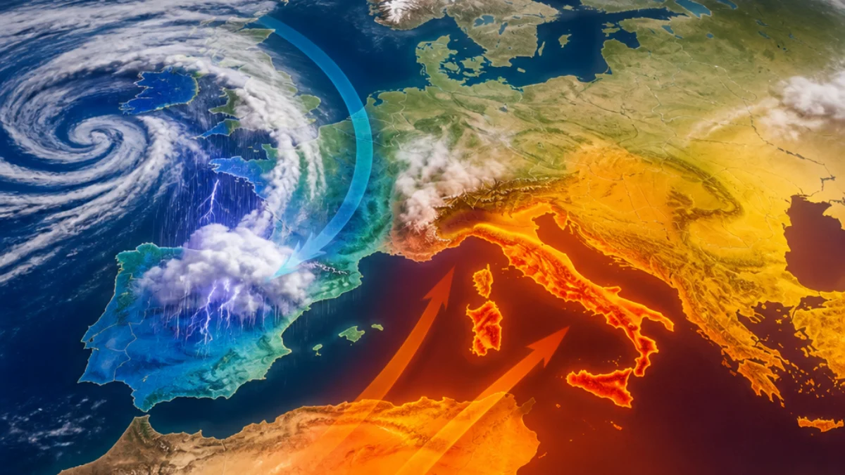 Mappa illustrativa del contrasto meteo tra Spagna e Italia