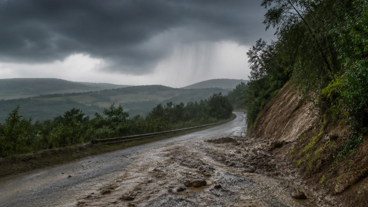 Nubifragio sulle Marche con strada allagata