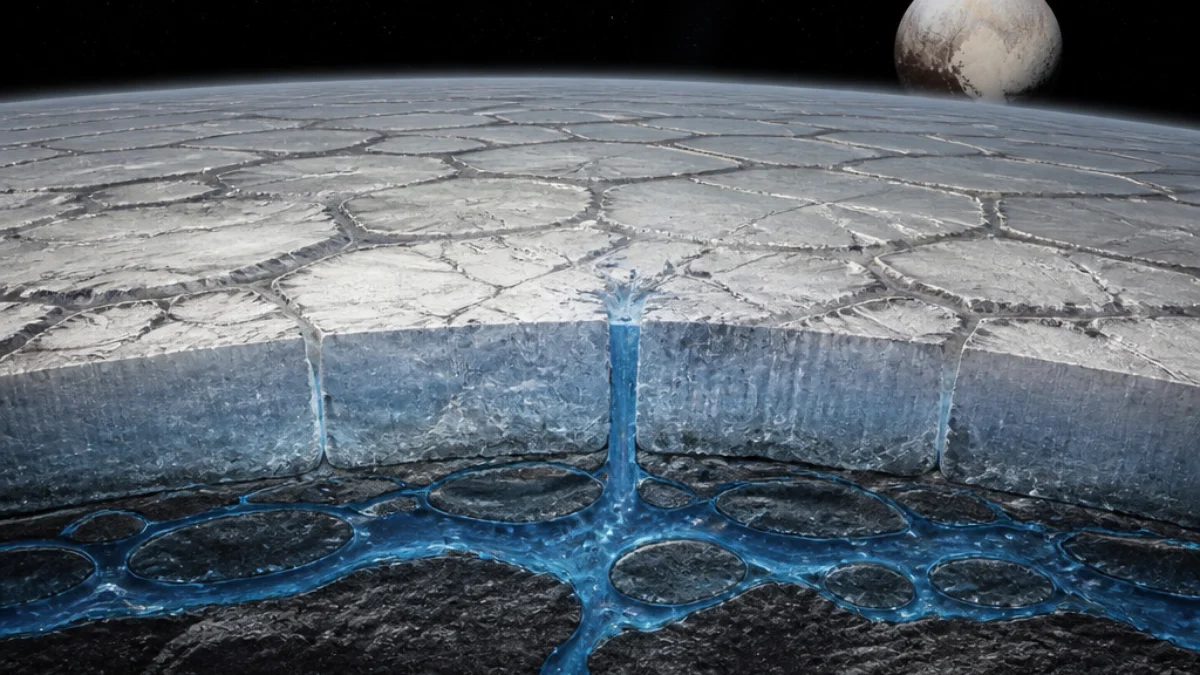 Illustrazione scientifica di azoto liquido che risale sotto il ghiaccio di Plutone