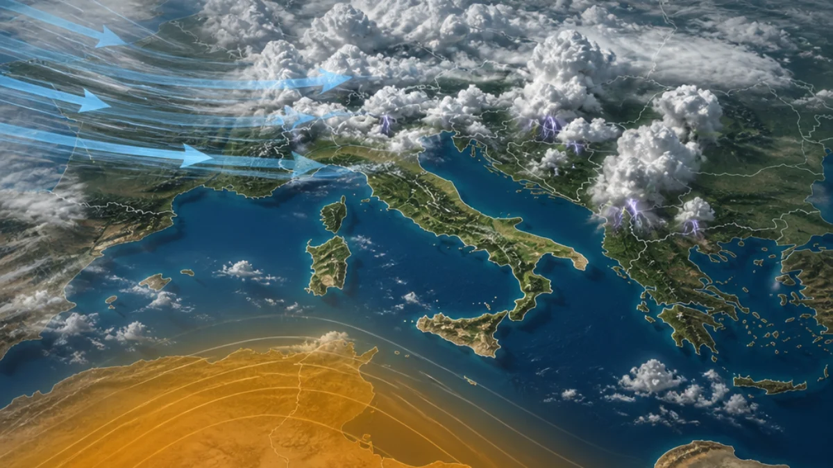 Carta meteorologica illustrativa delle correnti occidentali sull’Italia ad agosto
