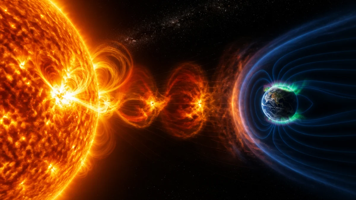 Illustrazione scientifica di eruzioni solari multiple dalla regione AR13664