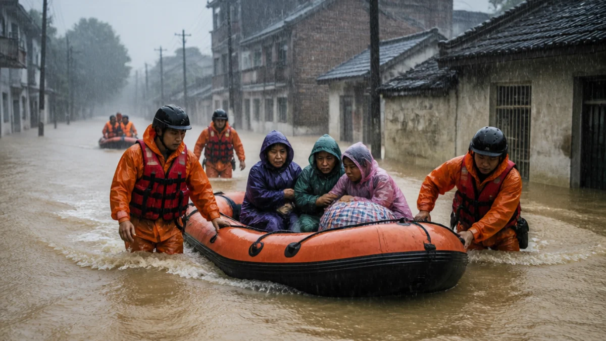 Soccorritori evacuano residenti durante le alluvioni nel Guangxi