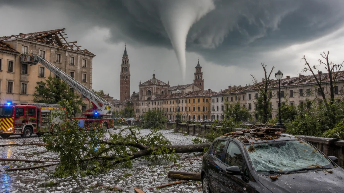 Tromba d'aria con grandine sopra Cremona e alberi caduti