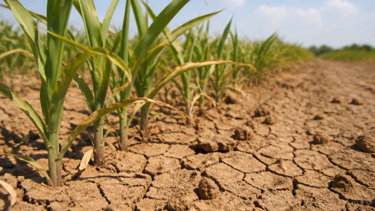 Campo agricolo con colture esposte al caldo e al deficit idrico