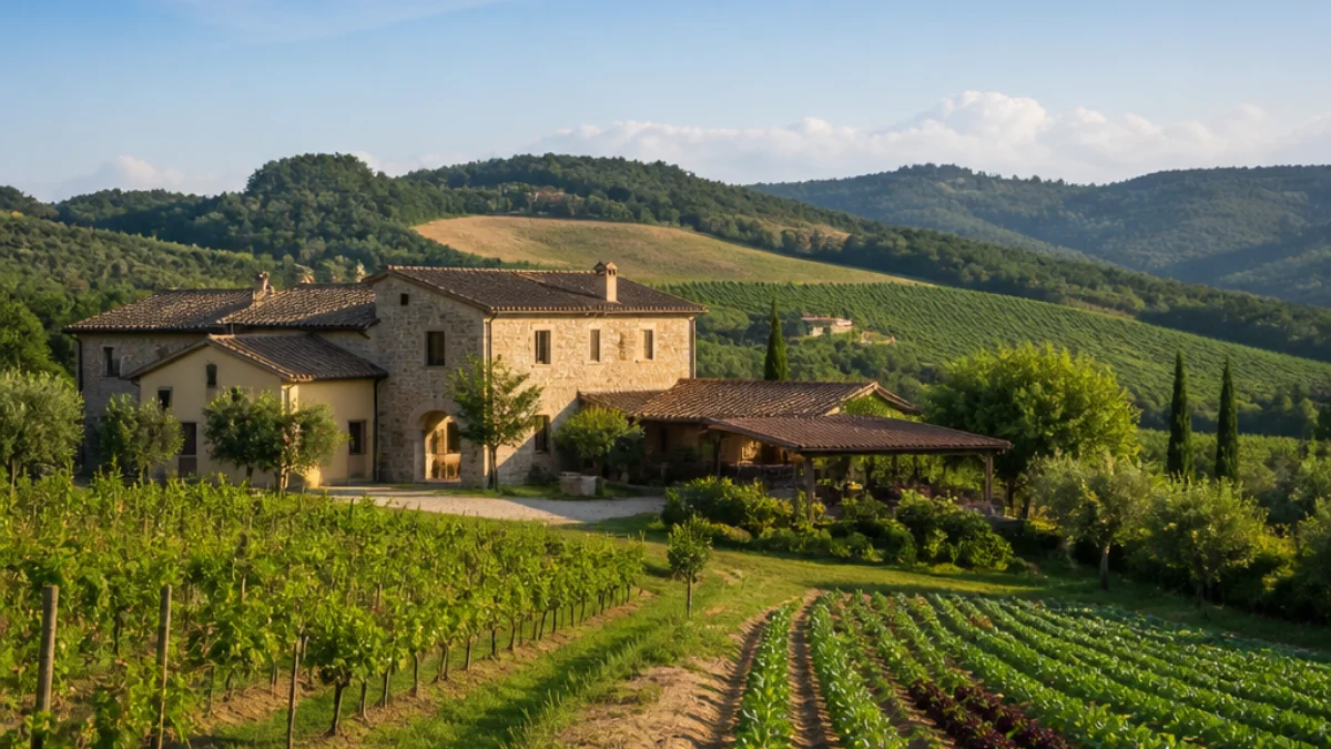 Agriturismo immerso tra campi coltivati e colline italiane