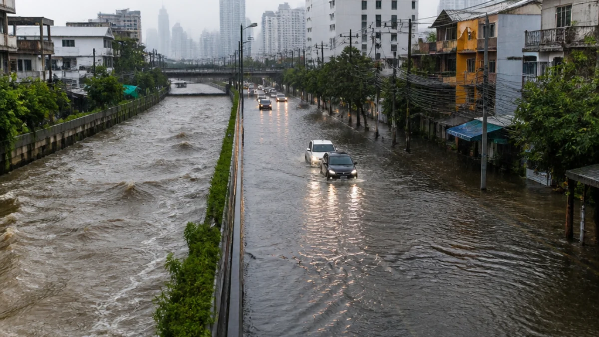 Strada di Bangkok sommersa dall’acqua dopo le piogge
