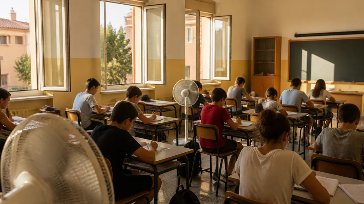 Aula scolastica italiana surriscaldata con ventilatori accesi