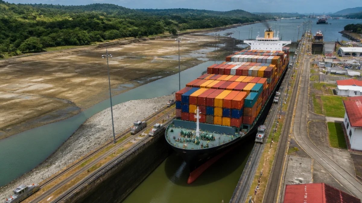 Nave portacontainer nel Canale di Panama durante la siccità