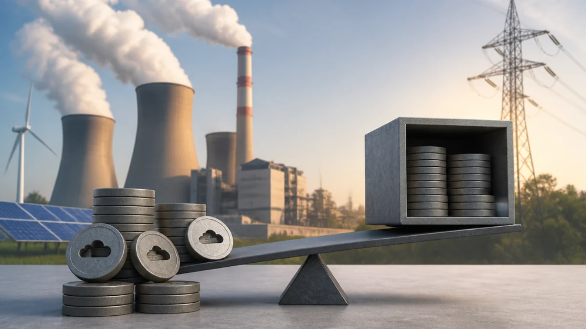 Quote ETS e centrale elettrica in un’illustrazione sul mercato europeo della CO₂