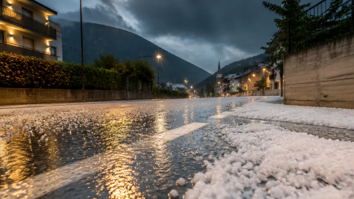Grandine sulle strade di Bressanone dopo il temporale