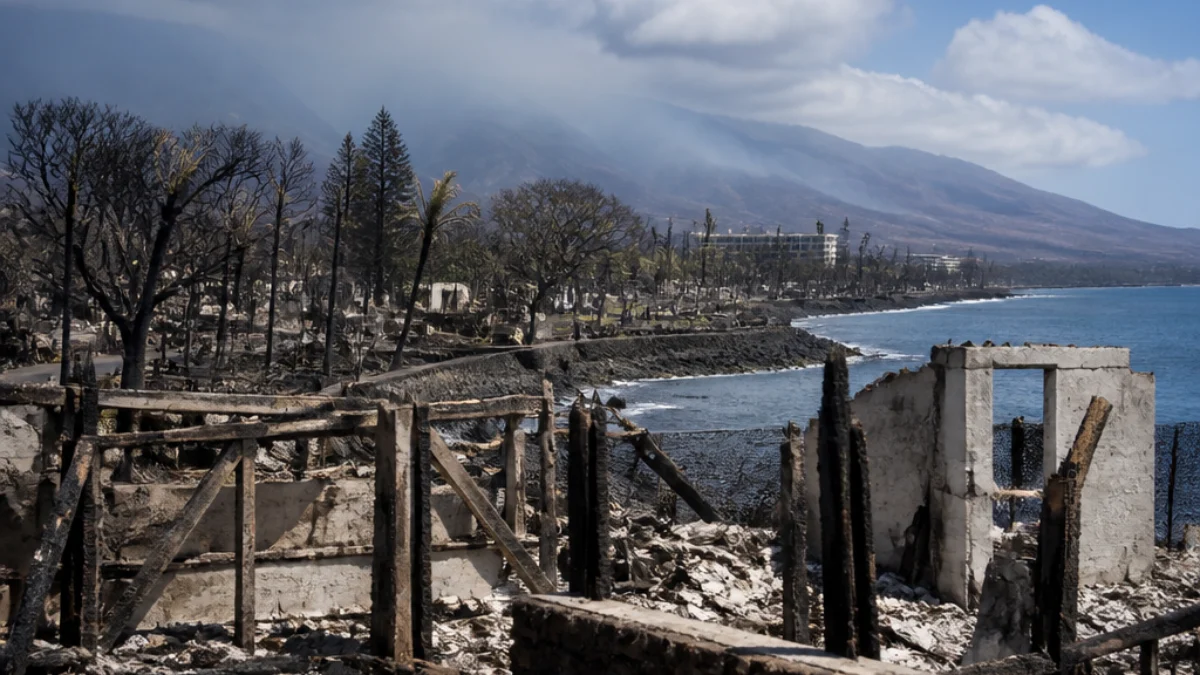 Resti di edifici bruciati a Lahaina dopo gli incendi di Maui