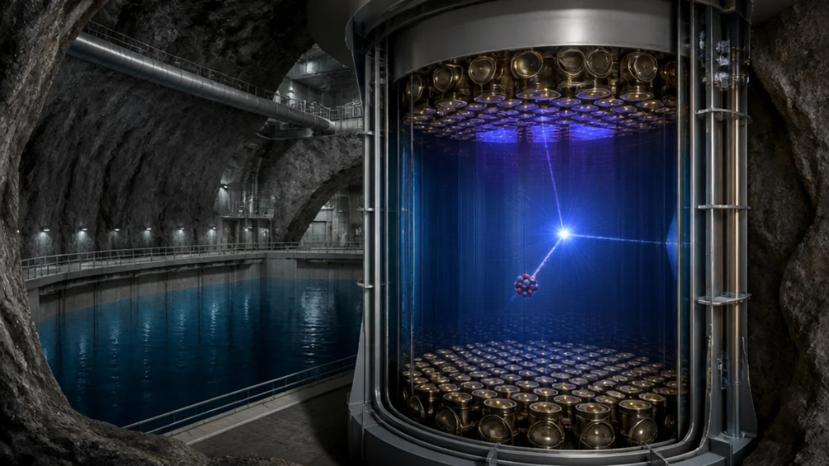 Illustrazione del rivelatore LUX-ZEPLIN e di una possibile interazione WIMP