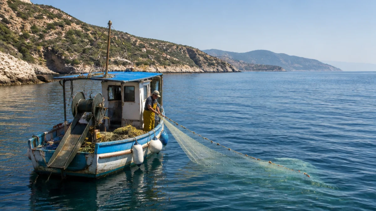 Mare mediterraneo caldo e barca da pesca vicino alla costa