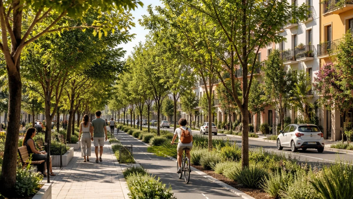 Strada urbana mediterranea trasformata in viale alberato