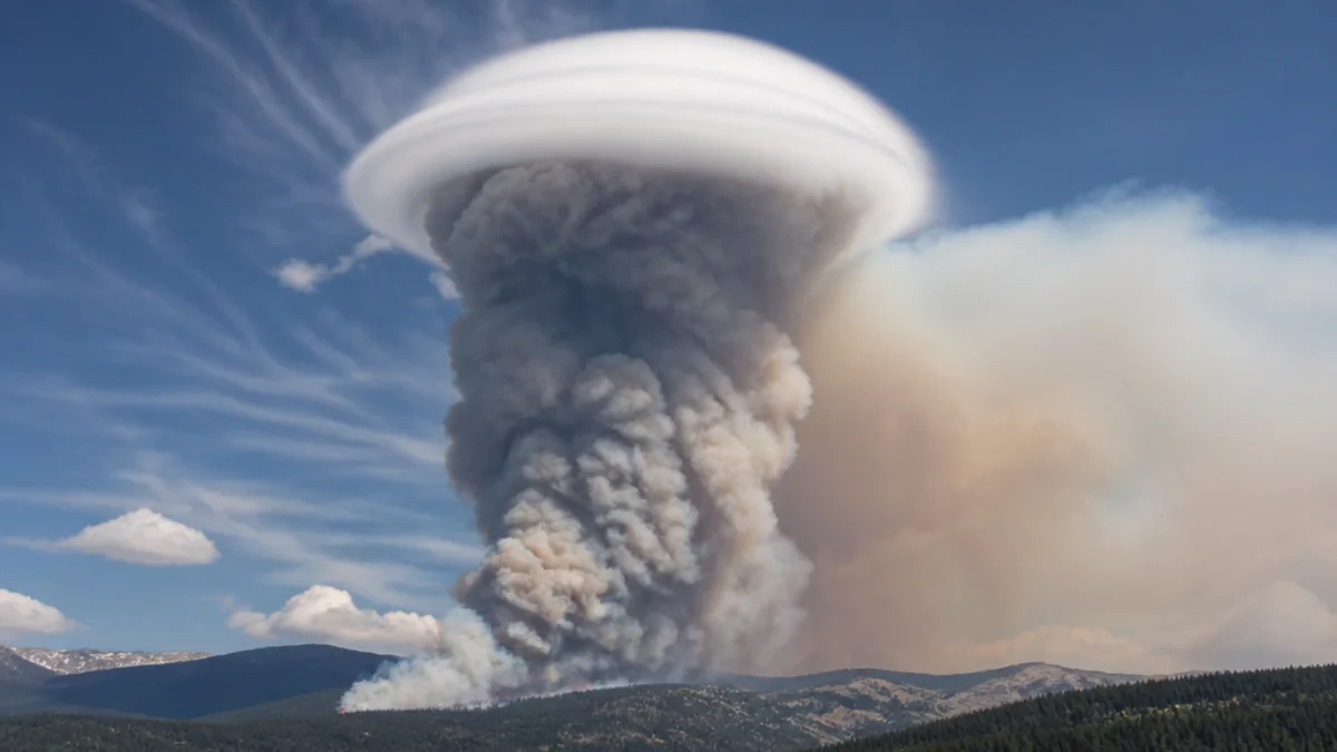 Nube pileus sopra il pennacchio di fumo di un incendio