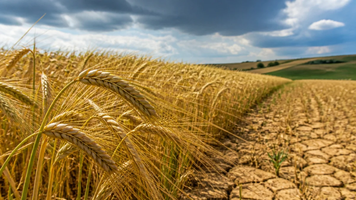 Campo di orzo distico colpito dalla variabilità climatica