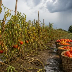 Campo di pomodori in India esposto a caldo e piogge estreme