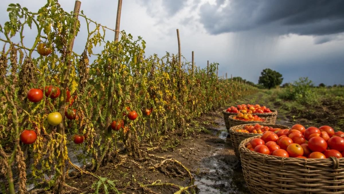 Campo di pomodori in India esposto a caldo e piogge estreme
