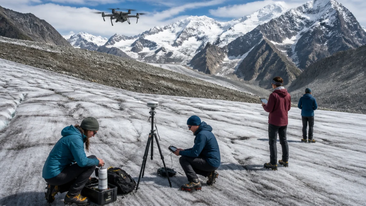 Ricercatori con drone sul Ghiacciaio del Miage