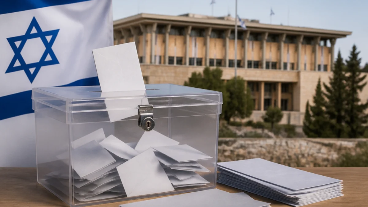 Urna e schede per le elezioni parlamentari israeliane con i nomi di Likud e Yashar