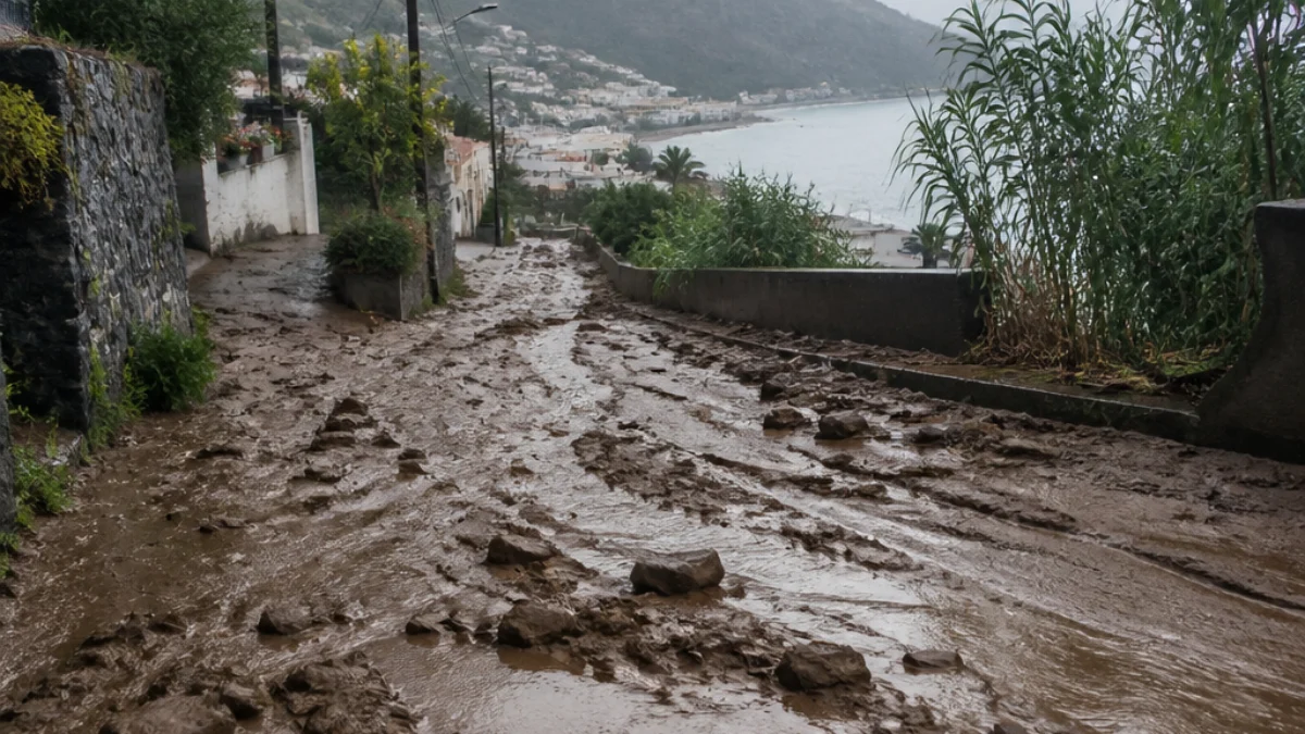 Strada di Lipari coperta da fango dopo il temporale