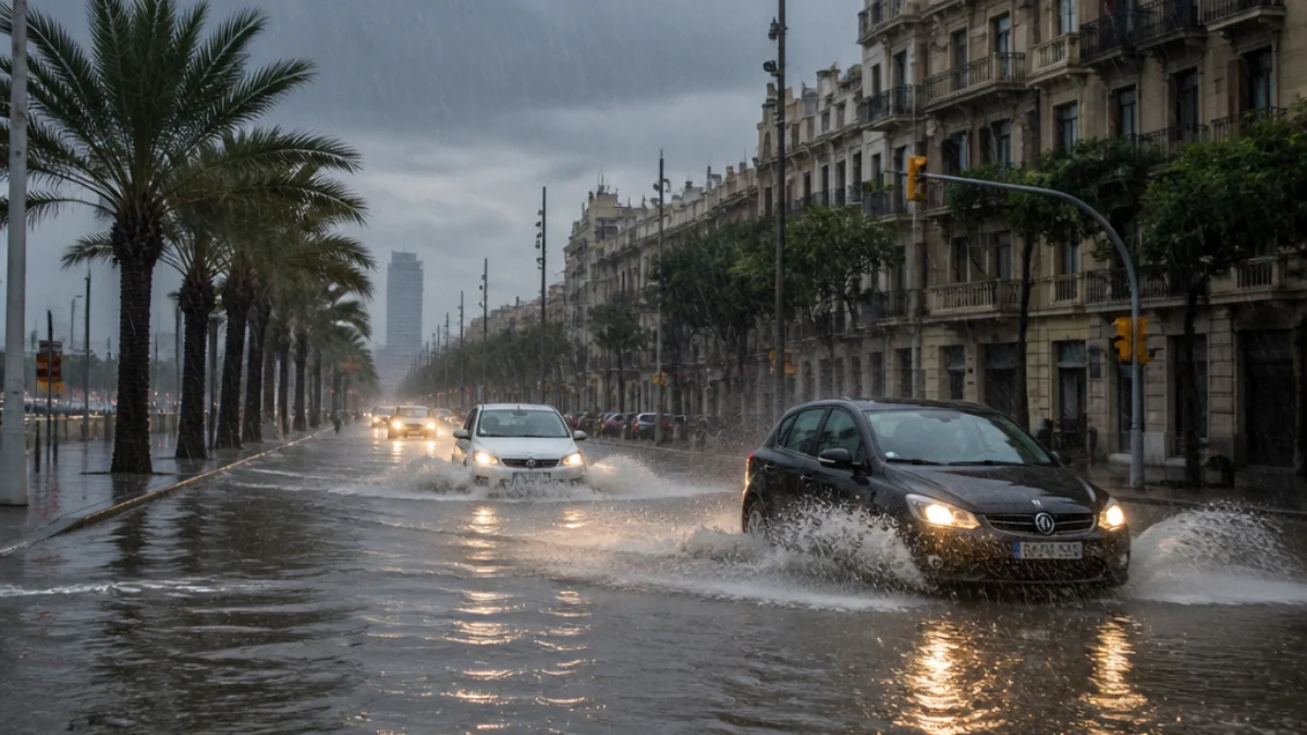 Pioggia intensa e allagamenti in una strada di Barcellona
