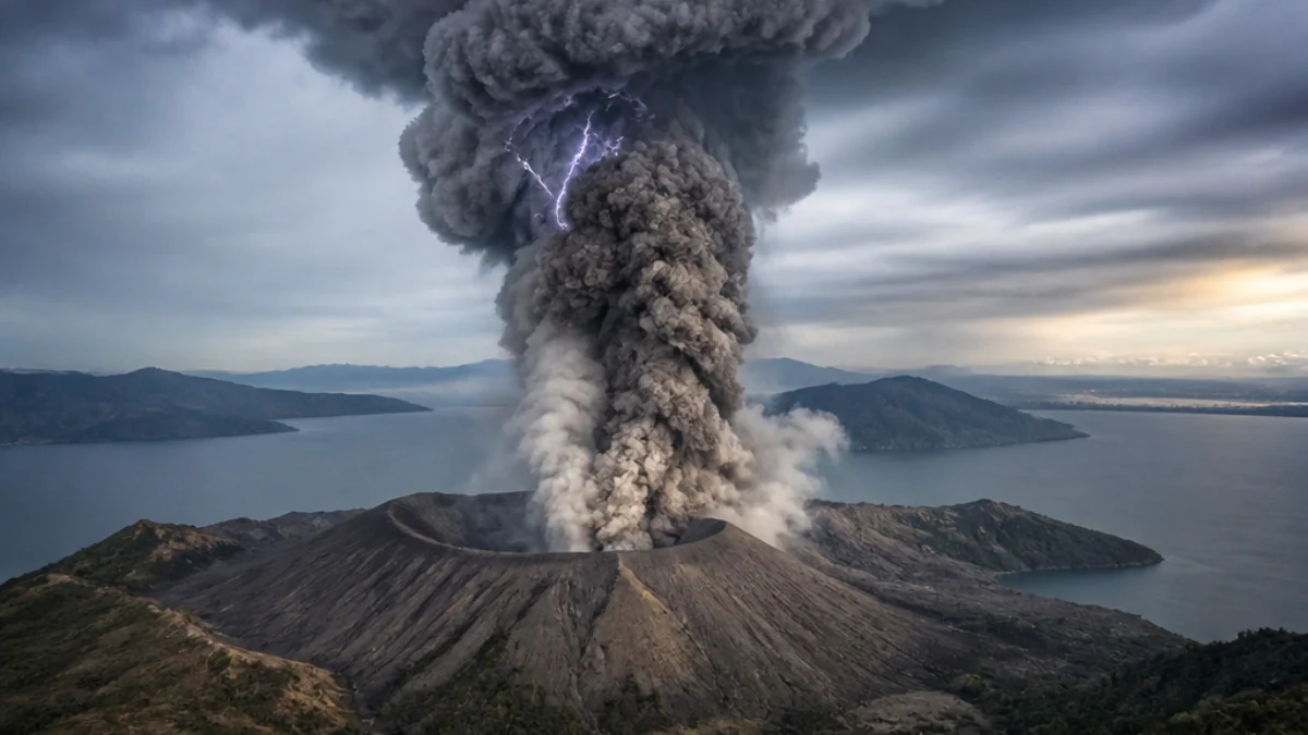 Nube di cenere e fulmini sopra il cratere del Taal